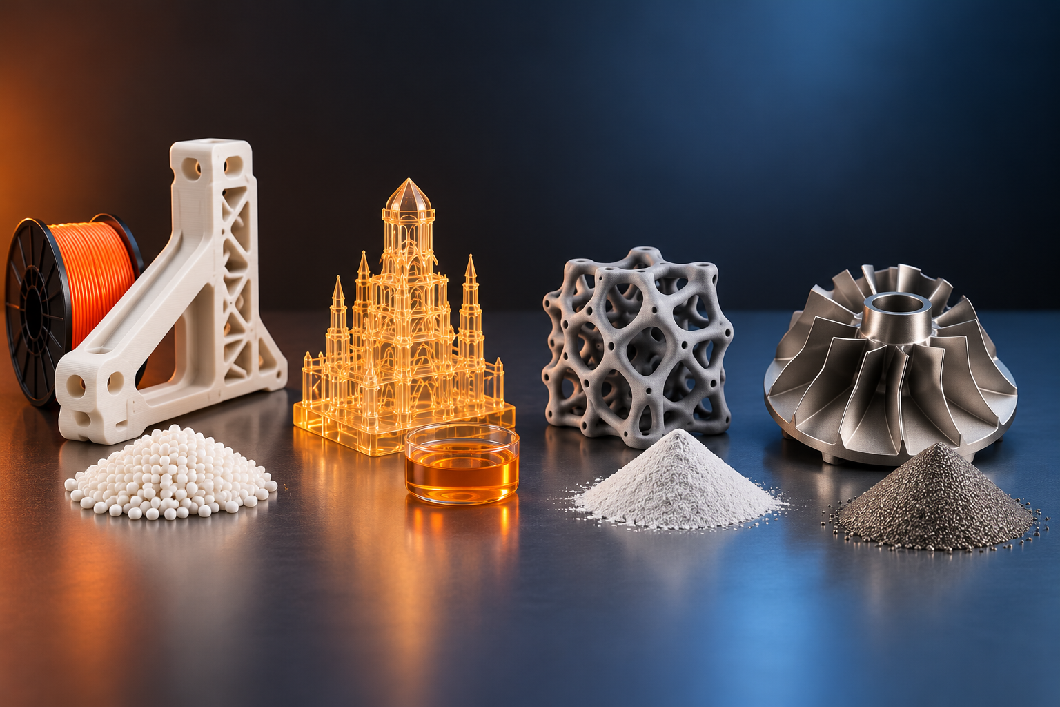 Examples of additive manufacturing: a polymer filament part, resin print, lattice structure, metal turbine component, and material powders